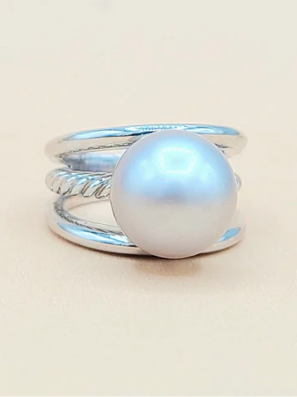David Yurman 18k White Gold Cable Ring With Grey Pearl